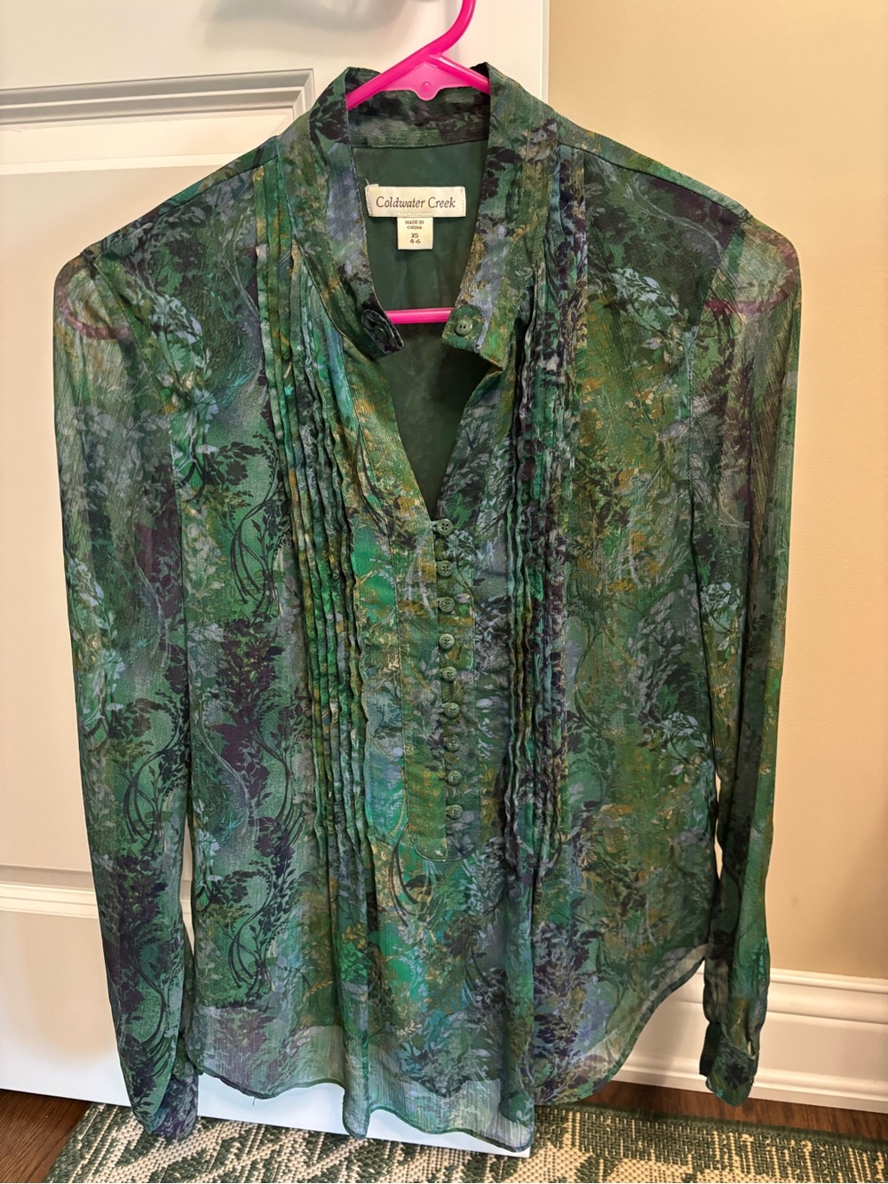 Coldwater Creek Green Multi-Print Pintuck Button Front Blouse